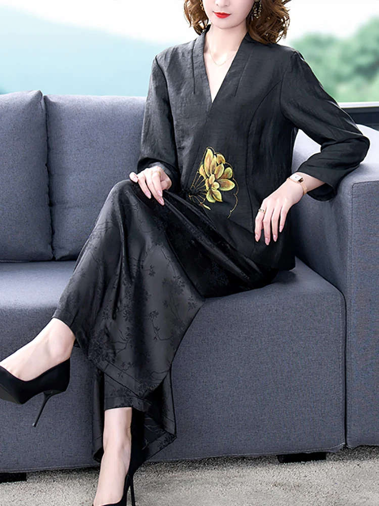 2024 Autumn Black Silk Elegant Two Piece Sets Women Long Sleeve Floral V-Neck Blouses+Jacquard Wide Leg Pants Two Piece Suits