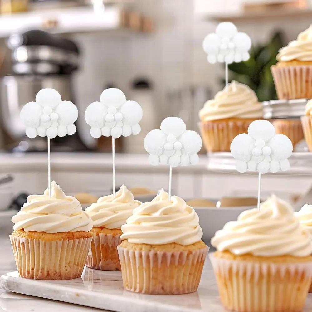 10/20Pcs Cloud Cake Toppers 8cm White Plush Yarn Ball Cloud Cupcake Toppers for Birthday Baby Shower Wedding Cake Decorations