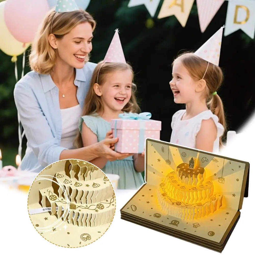 بطاقة عيد ميلاد خفيفة للموسيقى ثلاثية الأبعاد، بطاقة تهنئة كعكة منبثقة إبداعية، بطاقة رسالة هدية لحفلات أعياد الميلاد مع مغلف