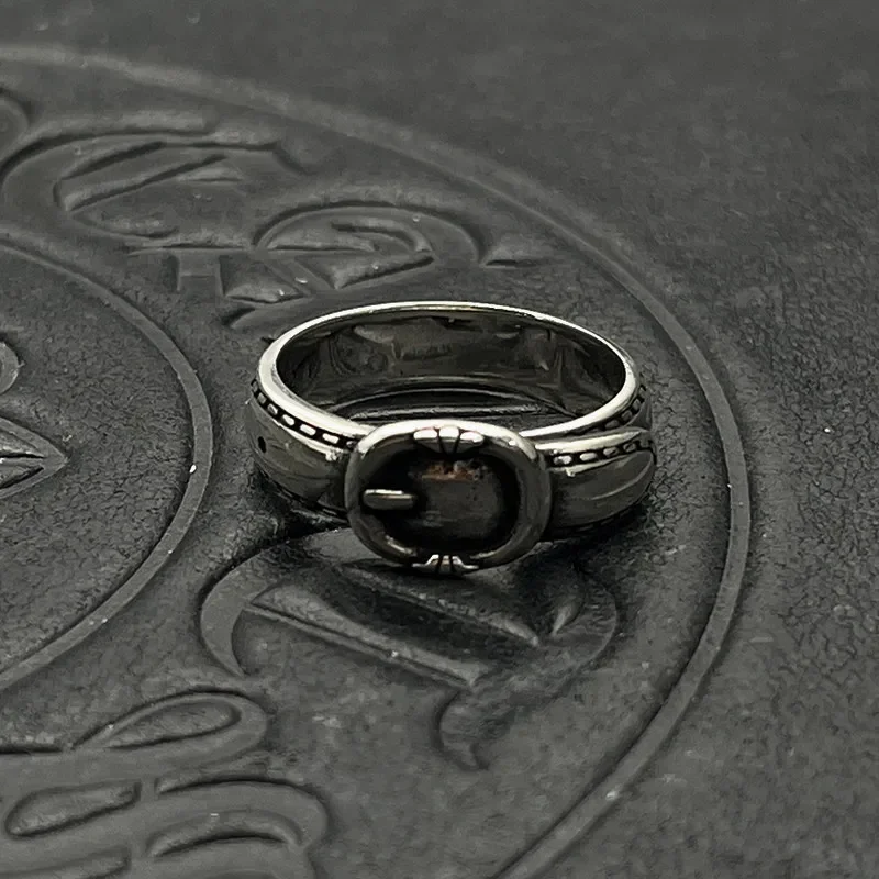 S925 sterling silver retro old belt ring men and women niche hip hop personalized belt ring high sense