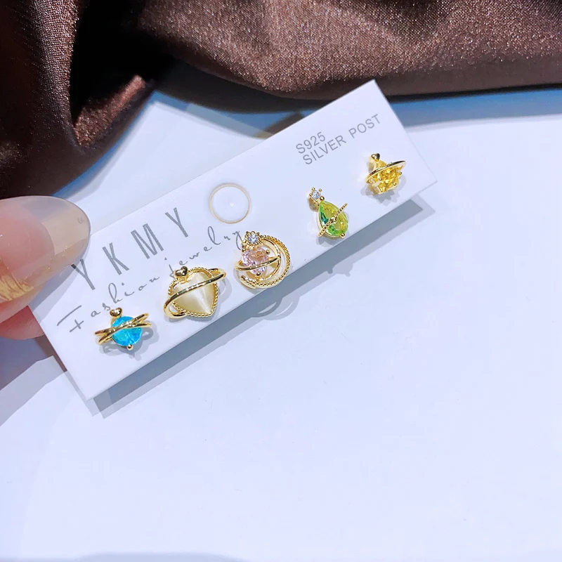 MIGGA 5pcs/Set Cubic Zircon Heart Star Saturn Stud Earrings Original Women Gold Color Plated Jewelry