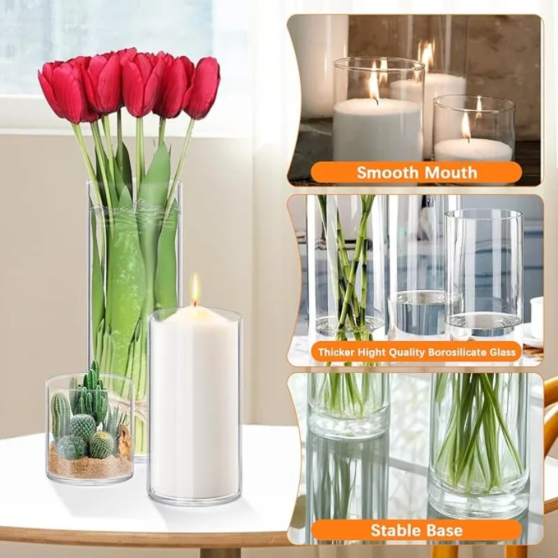 Borosilicate Glass Cylinder Vase 4,6,8,10InchTall Clear Flower Vase Hurricane Floating Candle Holder for Table Centerpiece Party