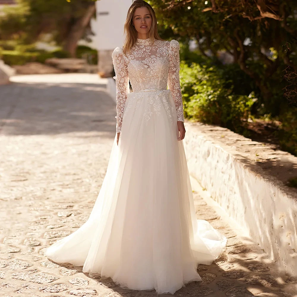 Luxury Empire Wedding Dresses for Ladies Elegant Strapless Bridal Gowns with Lace Exquisite Full Sleeve Vestidos De Novia New
