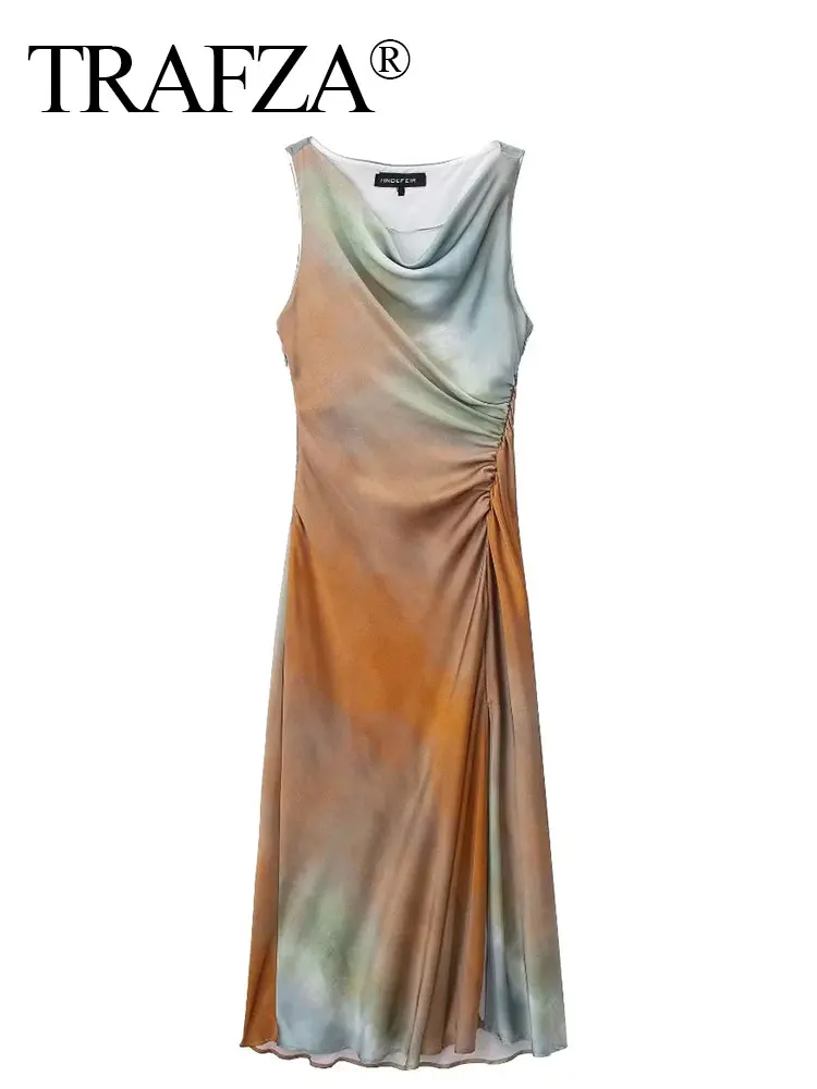 TRAFZA Tie Dye Dresses For Women Fashion Pleated Midi Dress Woman Sleeveless Evening Dresses Female Summer Draped Dress Vestidos