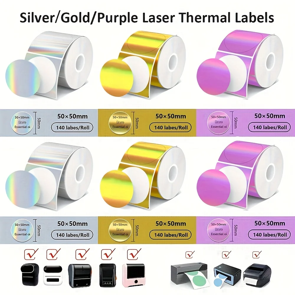 Silver/Golden/Purple Holographic Thermal Labels, 50*50mm*140Labels Suitable for M110 M200 M220 M221, 50x50mm Round and Square