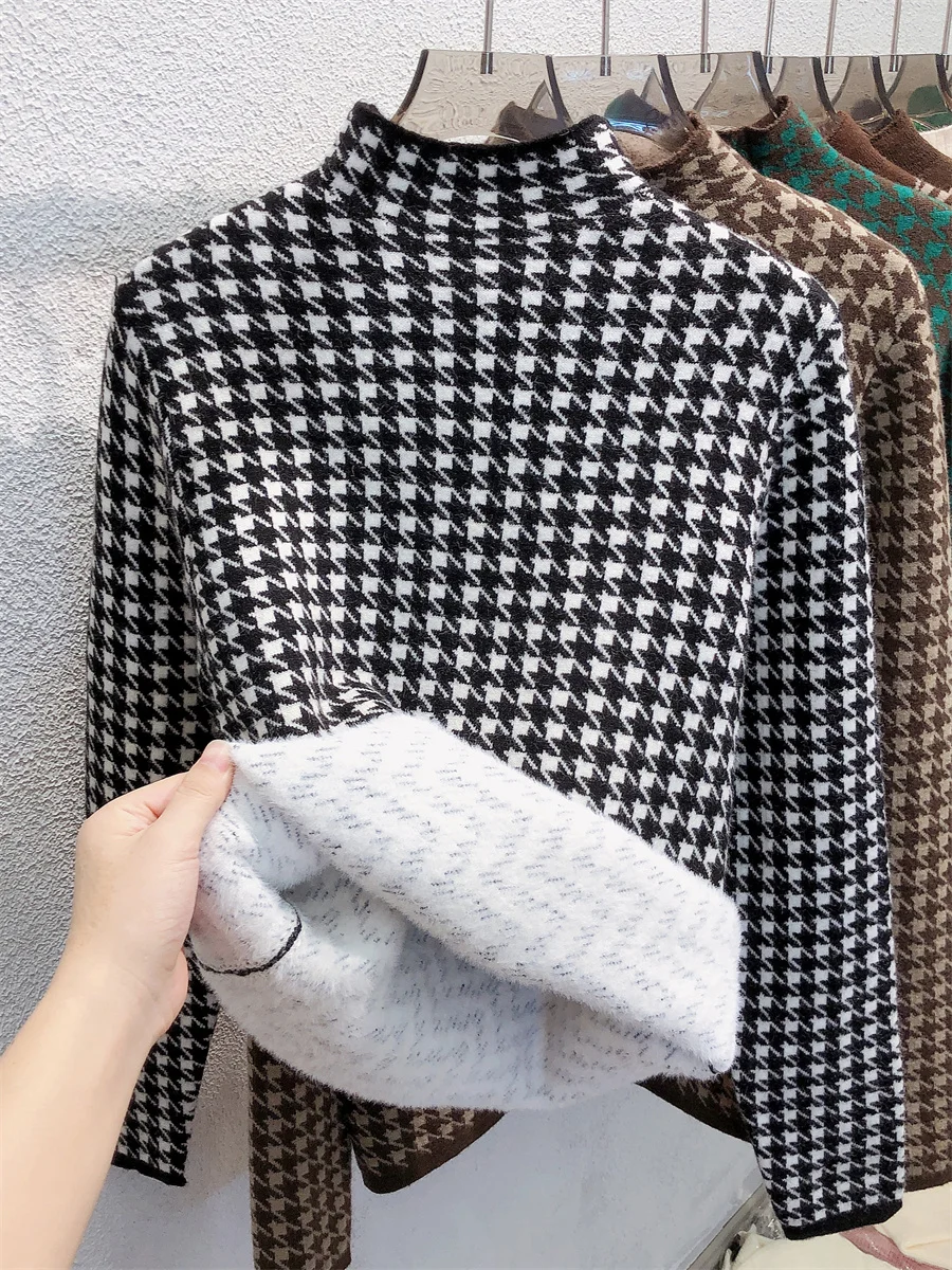 Houndstooth Half High Collar Warm Sweater Women\'s Autumn Winter Plush Thick Basic Shirt 2024 New Retro Long Sleeved Slim Top