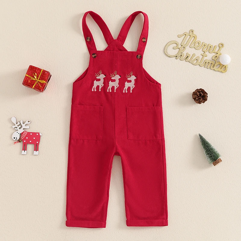 0-4Y Toddler Baby Girls Boys Christmas Overalls Reindeer Embroidered Sleeveless Adjustable Straps Pockets Romper Kids Jumpsuit