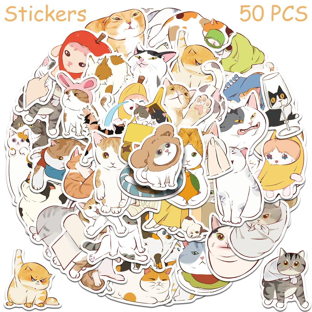 Autocollants de chats torsadés mignons de dessin animé, décalcomanies pour téléphone, bagages, réfrigérateur, scrapbooking, casque, esthétique, étanche, 50 pièces