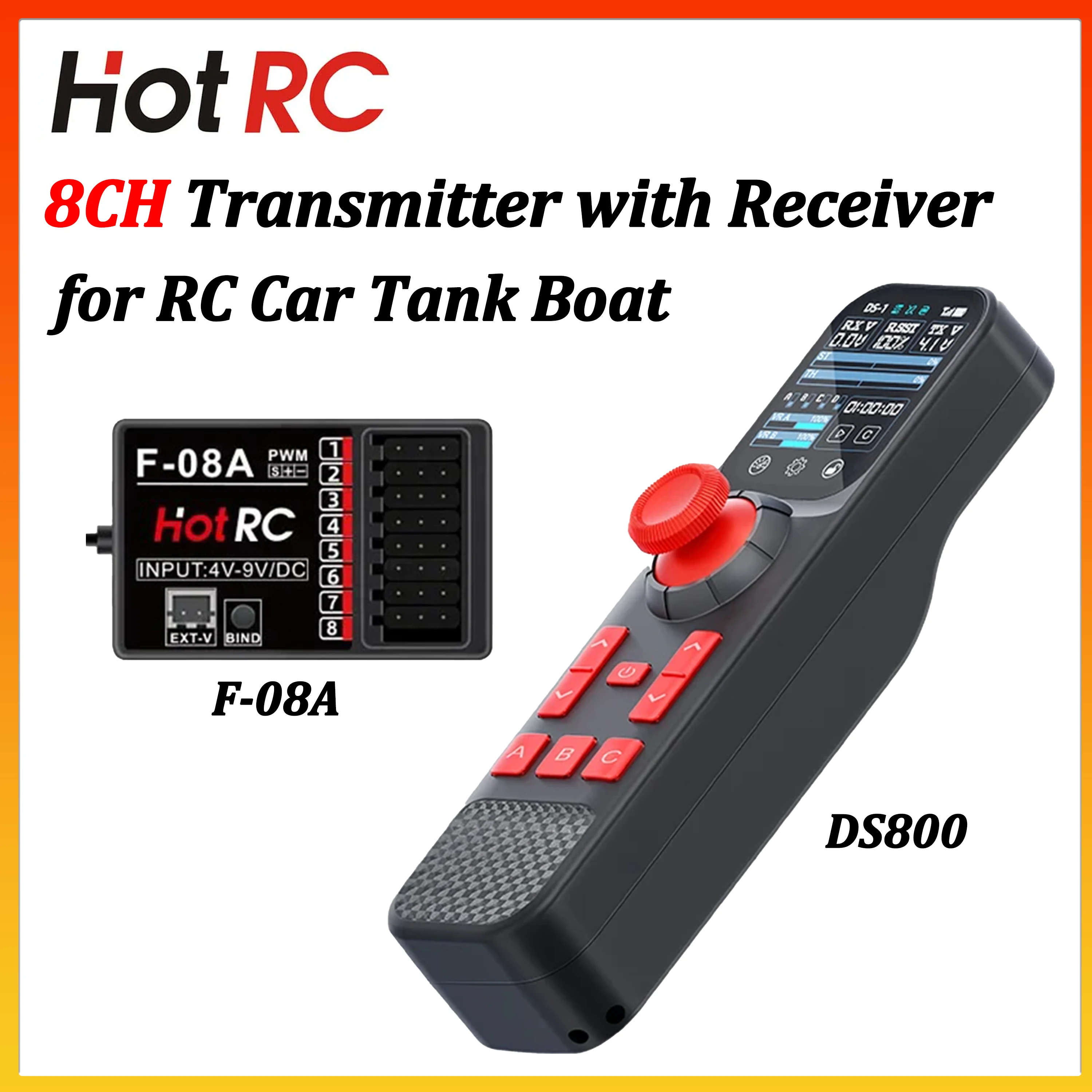 HOTRC 8CH 2.4GHz Radio Transmitter DS800 Remote Controller with F-08A Receiver for RC Car Tank Boat Ship Model Toy Accessories