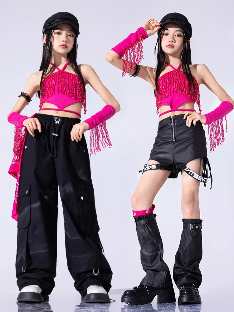 Children Hip Hop Dance Costumes For Girls Rose Red Single Sleeve Tassel Top Black Pants Suit Jazz Dance Stage Clothes DQS16929