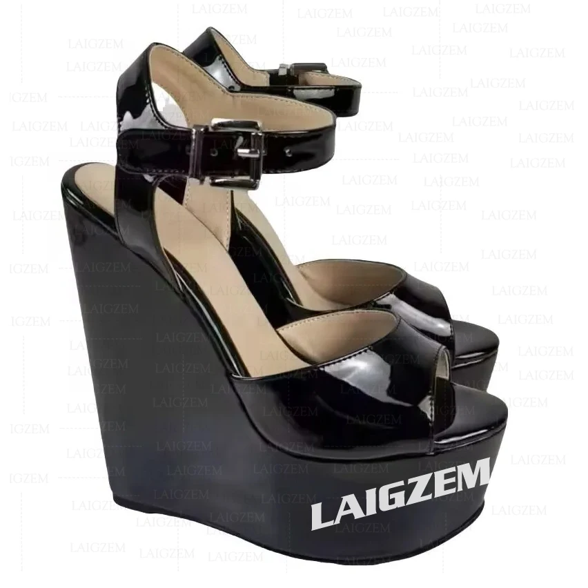 

ZHIMA Women Sandals Platform Wedges Peep Toe Shiny High Heels Pump Ladies Handmade Height Increase Shoes Woman Big Size 39 45 47