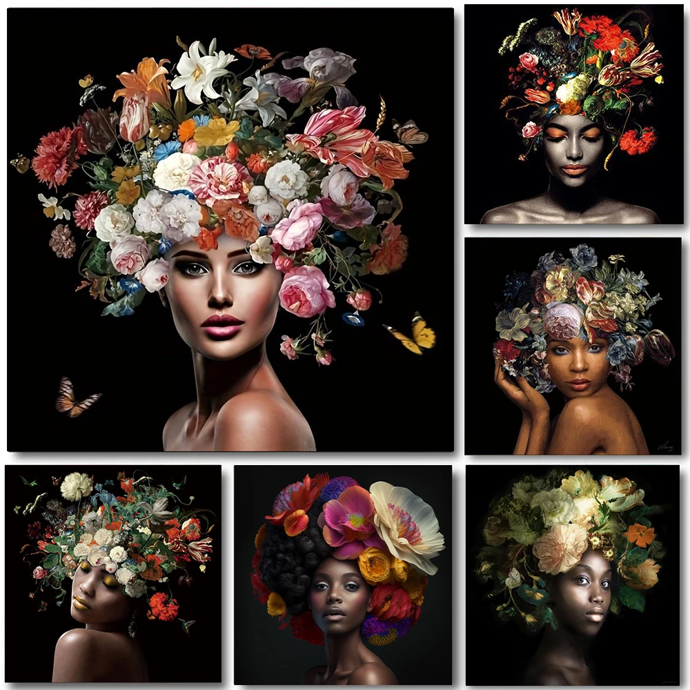 

Black Woman Wall Art Poster Lady with Flowers Canvas Painting Pictures Poster Print Drawing For Living Room Home Decoration