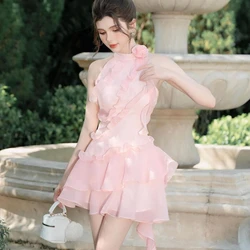 SERENDIPIDTY Sweet Pink Ruffled Mini Length Party Dress Ethereal Ruffled Chiffon Sleeveless Cocktail Dresses Custom Made Gown