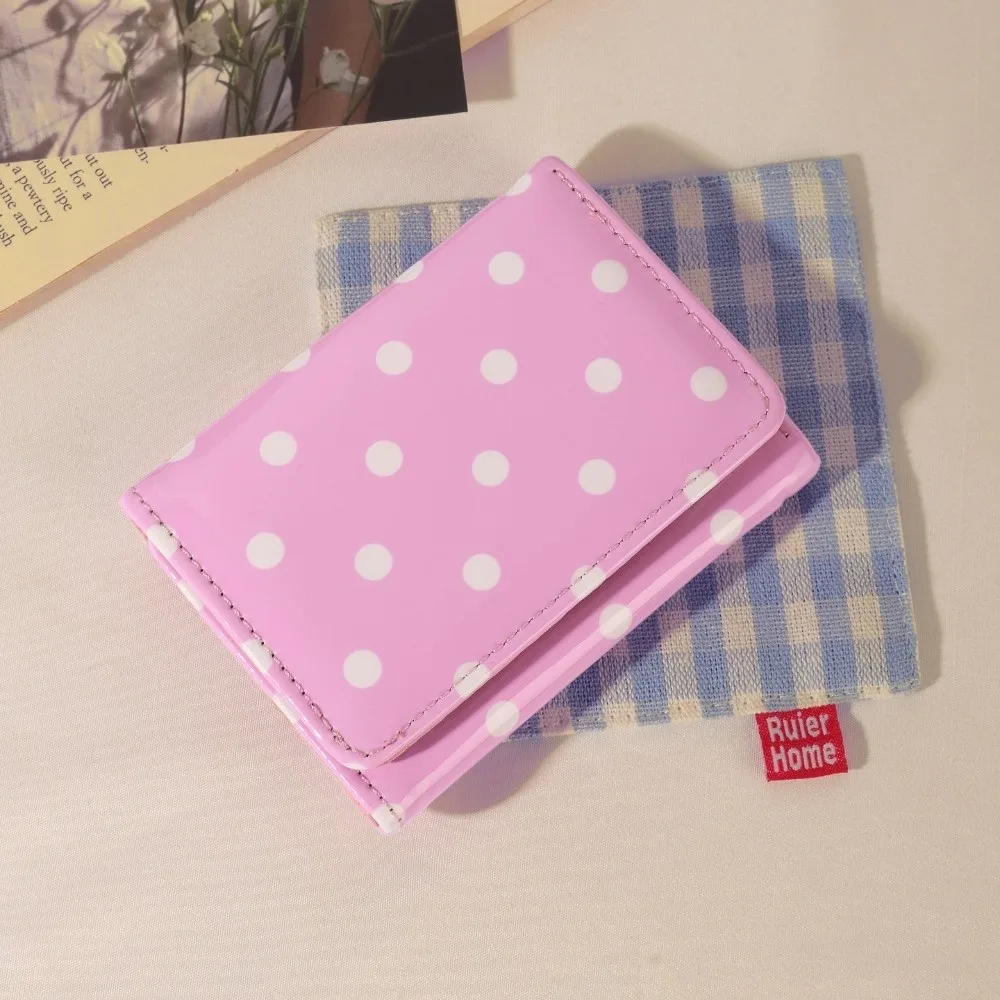 Cute Polka Dot Pattern Trifold Wallet Glossy PU Leather Multi-Pocket Coin Purse Short Wallet Women
