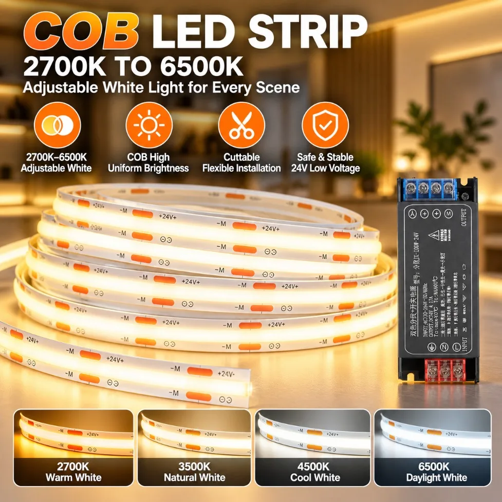 DC24V RA98 CCT Dimming 8mm COB LED Strip 2700K-6500K Tunable Dual Color Linear Flexible with Power Kit for Home Cabinet Lighting