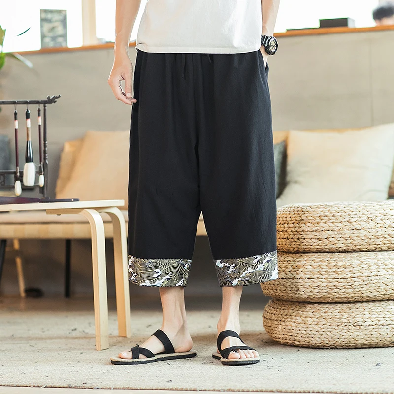 

Casual Pants Men Jogger Wide Leg Pants Harajuku Style Vintage Straight Calf-Length Pants Male Spring Summer Harem Trousers