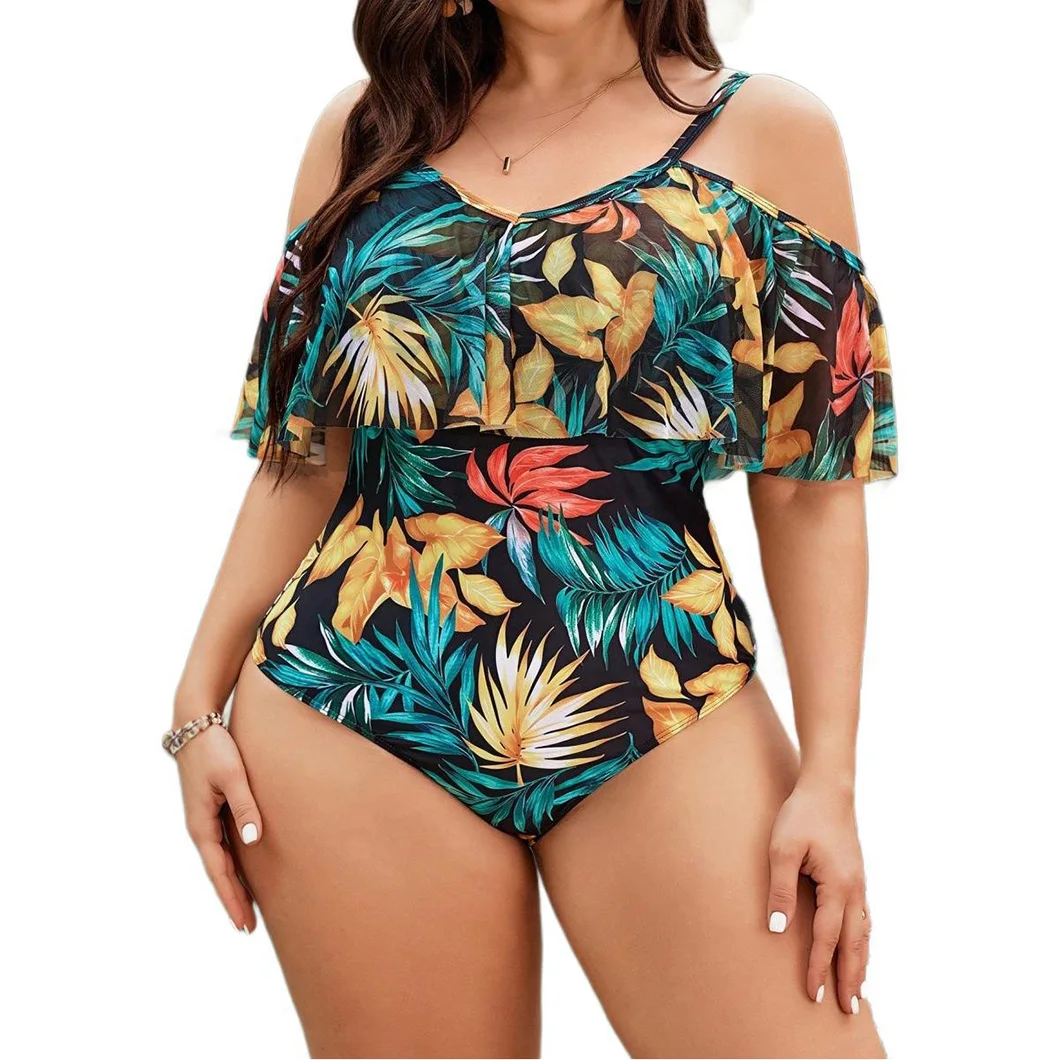 Sexy bandeau one-piece swimsuits summer beach plus-size bikini swimsuits fashionable print ruffled swimsuits
