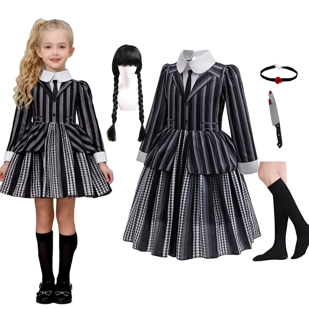 Kids Printed Striped & Gingham Dress Suit Two in One Campus Uniform Halloween Weirdo Student Cosplay Gothic Girls Costume 3-10Yr
