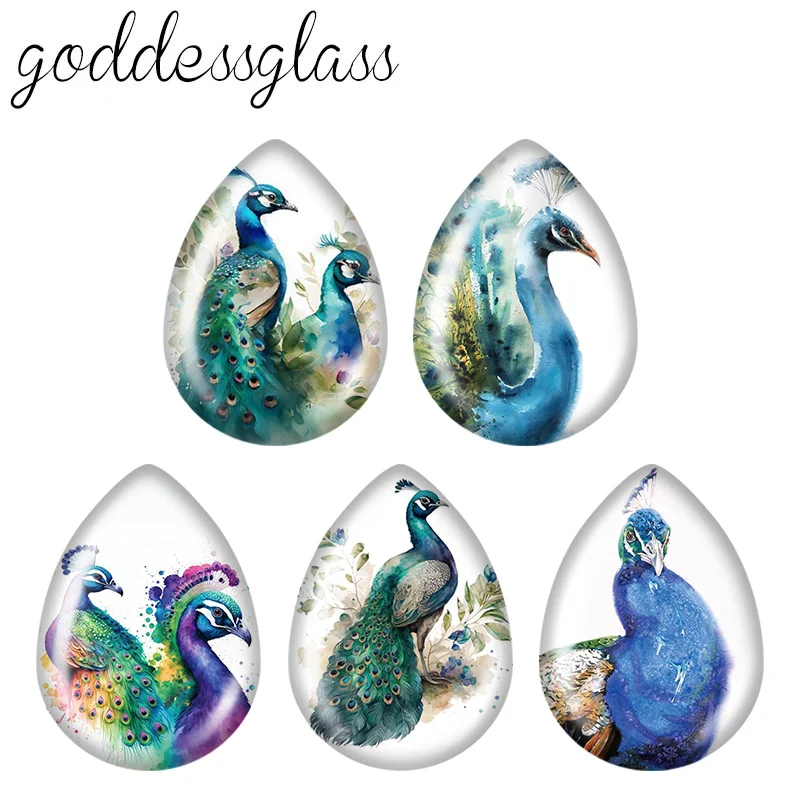 5 Pairs Beauty Peacock Bird Animal 13x18mm/18x25mm Tear Drop Photo Glass Cabochon Flat Back for DIY Earrings Jewelry