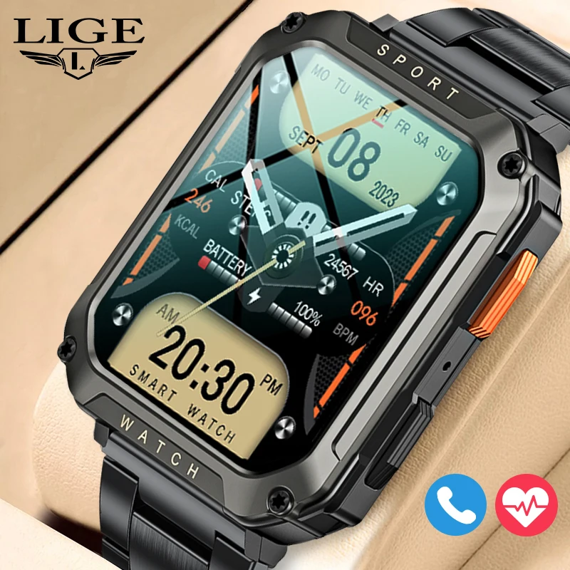 

LIGE New Military Bluetooth Call Smart Watch Men 2.01" Sports Fitness Bracelet Waterproof Voice Assistant Smartwatch For Men