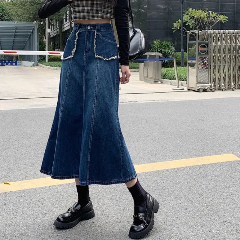 

Spring Saia Jeans Feminina 2023 Large Size Vintage Mid-Length Denim Skirt Washed Raw Edge Slim Fishtail Skirt For Women Z111