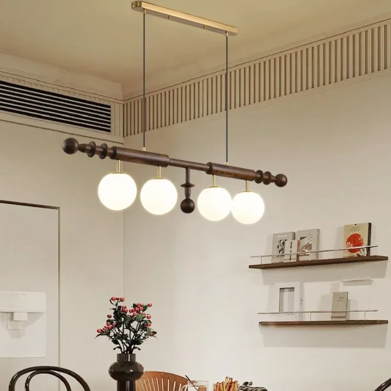 Antique Walnut Colored Restaurant Pendant Lamp Wabi Sabi Style Solid Wood Retro Dining Table Straight Strip Ceiling Lamp Fixture