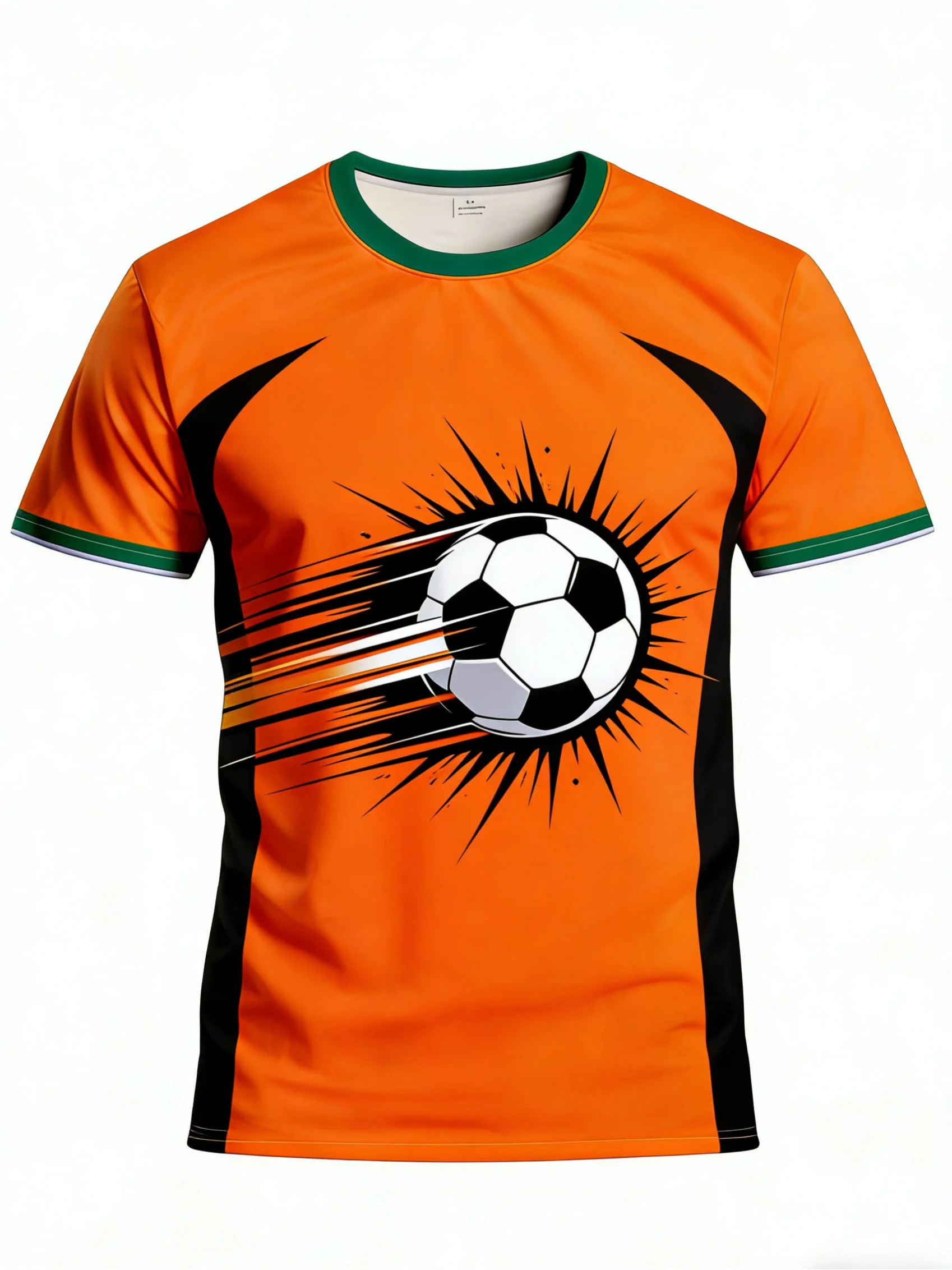 Men Quick Dry Sports Tee Orange Black Curve Print Soccer Training Short Sleeve Top