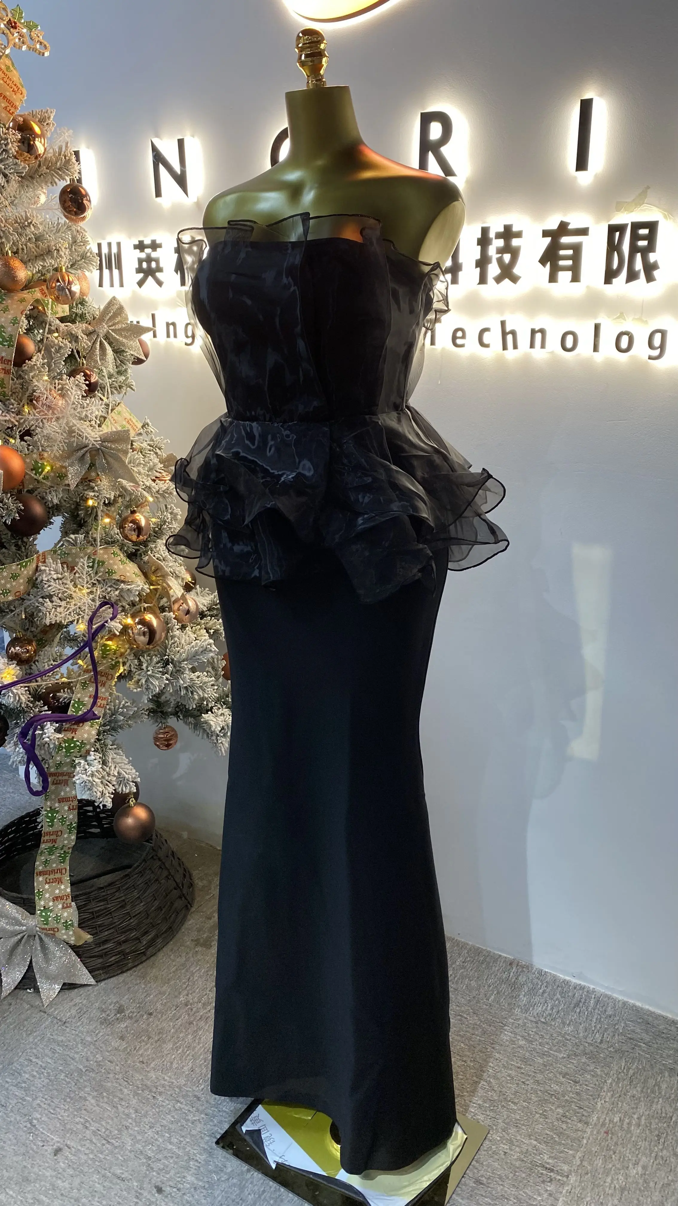 Banquet ball elegant evening dress black strapless multi-layer mesh pleated mermaid slim bandage female long skirt-GZXX002