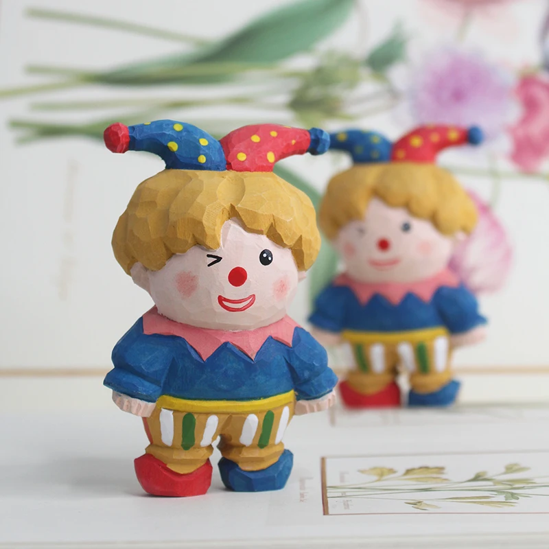 Hand Painted Wood Handicrafts Cute Creative Wood Carving Clown Doll Figurine Home Ornament Gift Car Desktop Decoration