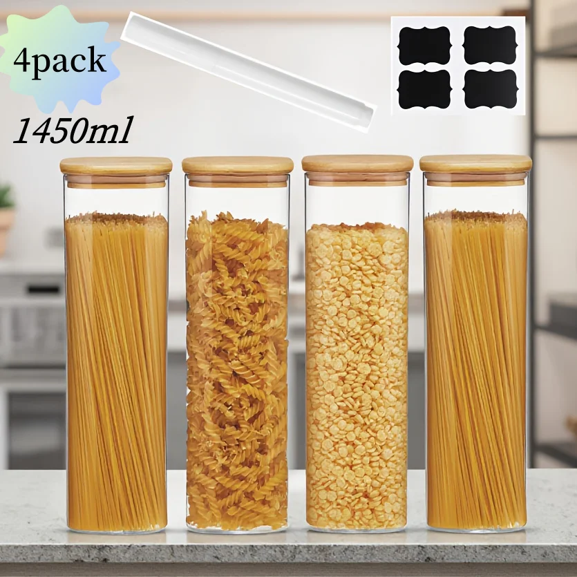 Barattolo di vetro quadrato da 2/4 pezzi-1450 ml, contenitore di vetro con coperchio, barattolo di pasta a bocca larga, barattolo di stoccaggio da cucina, pasta da cucina, cereali, avena, zucchero,