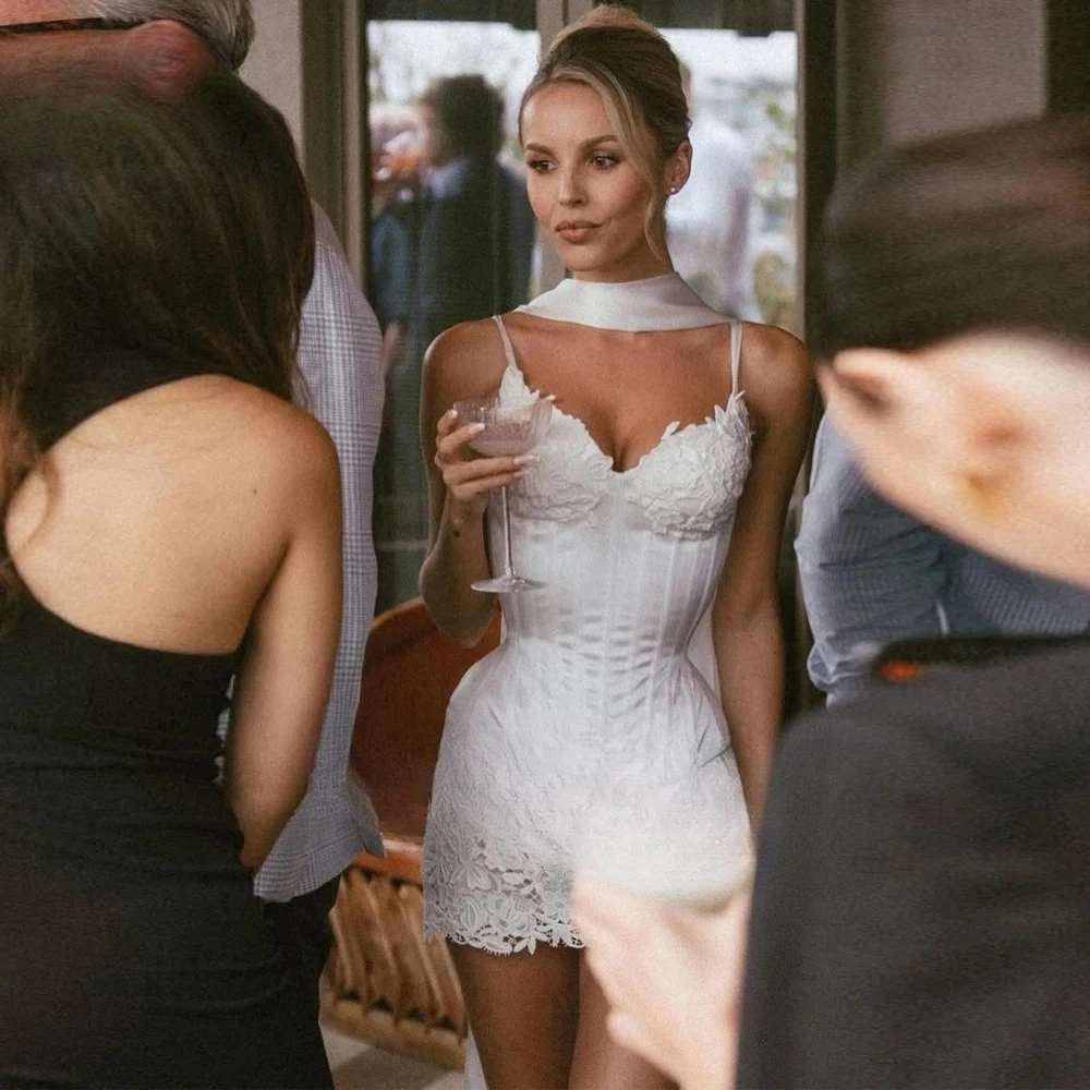Lace Mini Short Evening Gown Dress Sleeveless Spaghetti Strap Bride Dress Customised Party Bridal Gowns Robe De Mariée