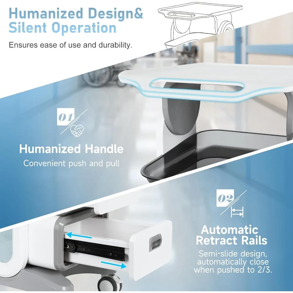 عربة ترولي مع درجين، عربة دوارة بالموجات فوق الصوتية المتنقلة مع عجلات وصواني، عربة تخزين أدوات تحميل 150 رطلاً