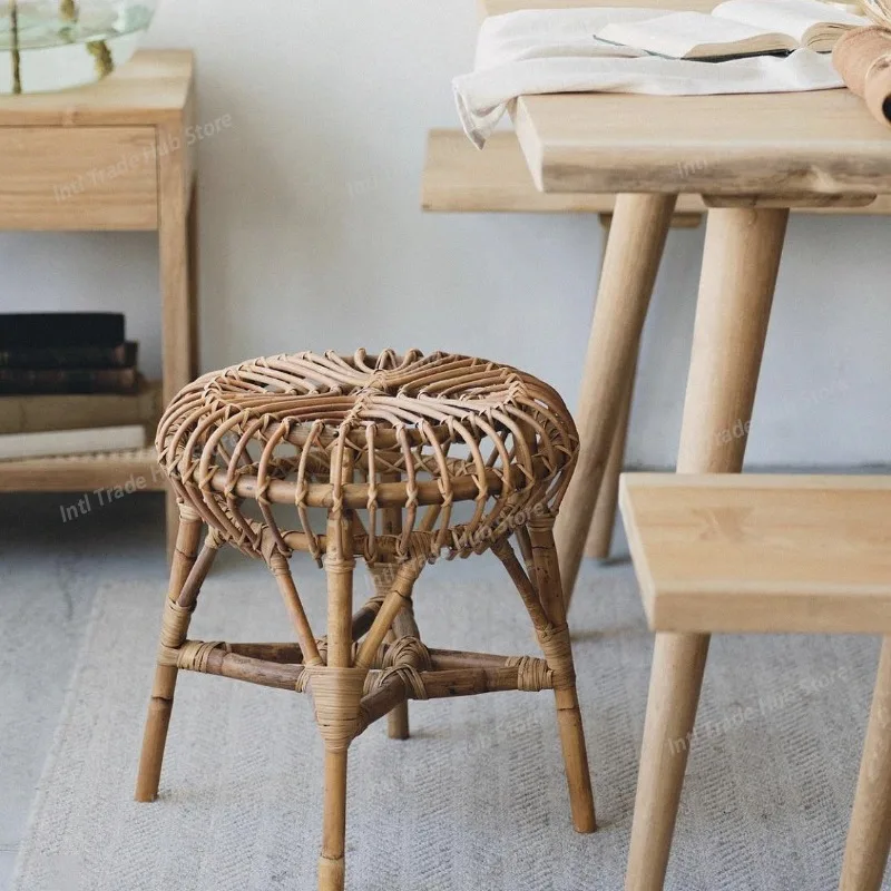 Vintage Rattan Chair Dining Living Room Coffee Side Dressing Stools Simple Ottomans Furniture Home Decoration Accessories