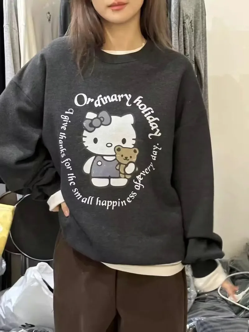 

Lazy Style Hello Kitty Printed Round Neck Sweatshirt Spring Autumn New Korean Version Casual Loose Pullover Streetwear Women