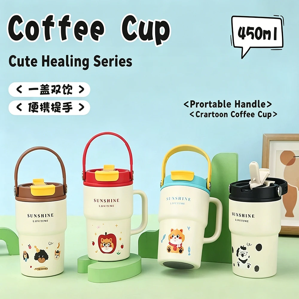 Cute Cartoon Coffee Tumbler 450ml Dual Drink Travel Mug Leakproof Stainless Steel Vacuum Cup With Portable Handle School Office