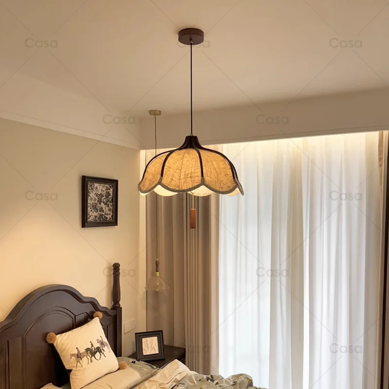 

French Vintage White Petal Fabric Pendant Lights Wooden Ceiling Hanging Lamps Living Room Bedroom Restaurant Kitchen Chandelier