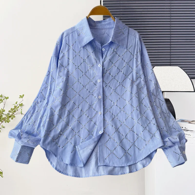 

2025,New,European,Clothes,Loose,Blouse,Chic,Sexy,Plaid,Shiny,Diamonds,Single-breasted,Women,Long Sleeve,Shirt,Casual,Tops,57005