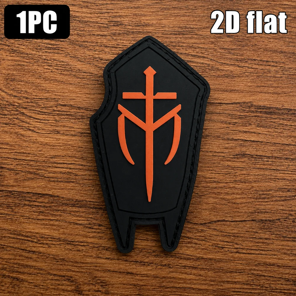 Specifications Available: 1Pc, 2Pcs, 3Pcs. Black Background with Orange Trident-Shaped 2D Flat Pvc Patch. Waterproof, Stain-Resistant, Sun-Proof, Not Easy to Fade, Comes with a Hook Backing for Repeated Sticking and Removal. Suitable for Outdoor Functional Backpacks, Helmets, Workwear, Vests, Tents, and Decoration. Comes with a Velcro Backing