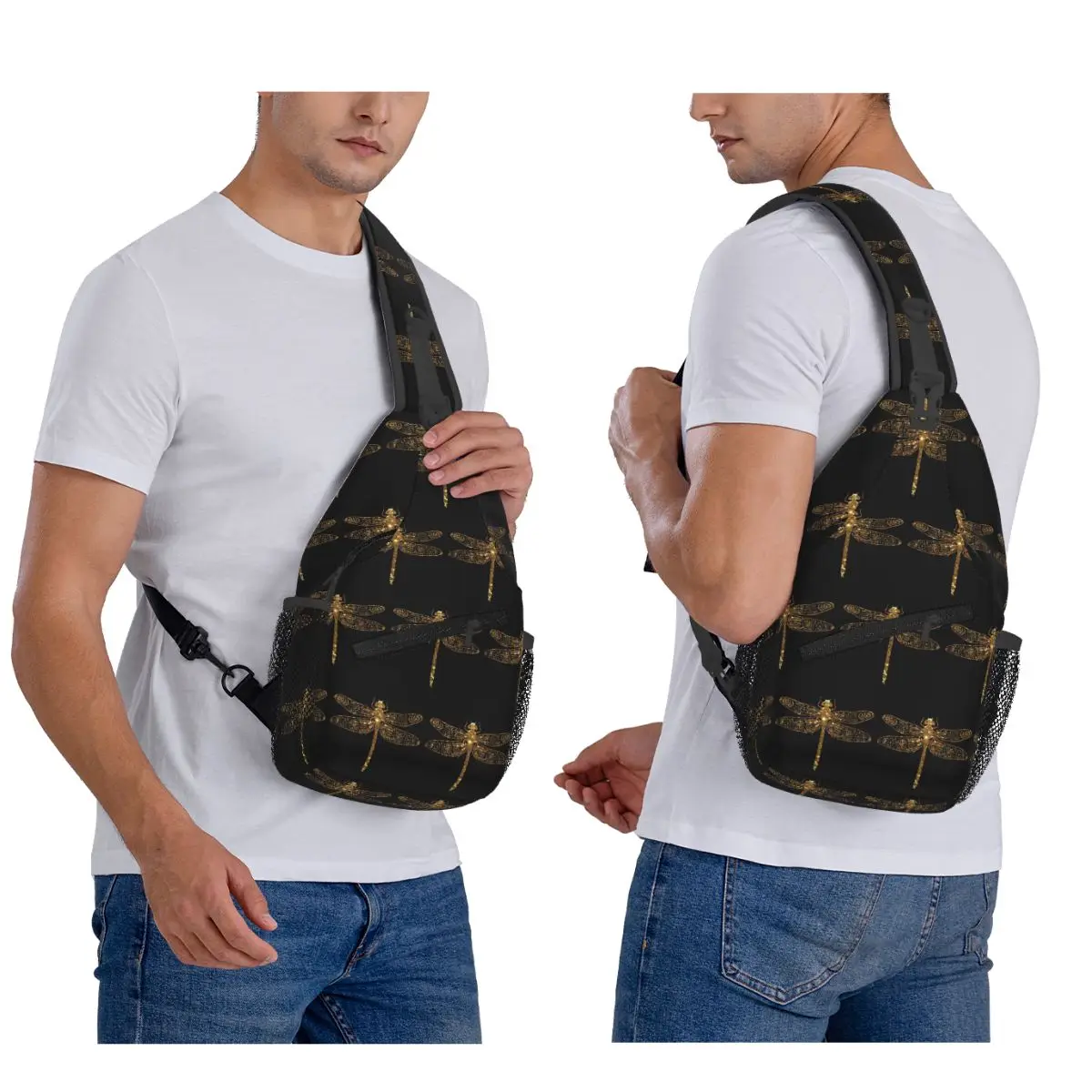 

Fancy Gold Glitter Dragonfly Chest Bag Men Sling Crossbody Backpack Chest Bag Traveling Hiking Daypack Shoulder Bag