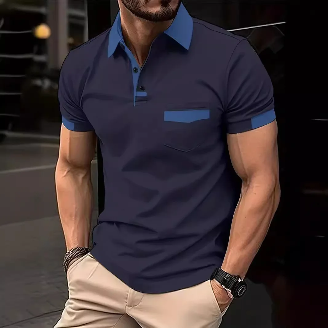 Polo de manga corta para hombre, camisa deportiva con bolsillo a juego de colores, informal de negocios, novedad de verano