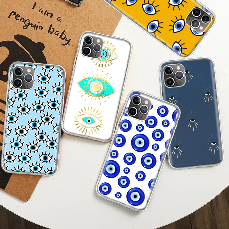 Lucky Eye Blue Evil Eye Print Clear Case per iPhone 12 13 Mini 11 14 Plus 15 Pro Max 7 8 SE 2020 X XS Max Clear TPU Protective P