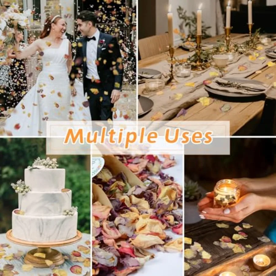 Mais de 20 copos de pétalas de rosa secas, confete de flores biodegradável, 2 qt, misto, amarelo, roxo, rosa, pétalas de flores secas para proposta de casamento