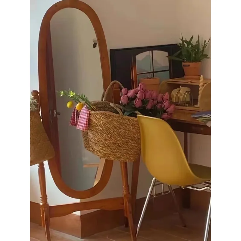 Dressing Mirror Retro Full Body Mirror Circular Solid Wood Floor Mirror Art Modern Landmark