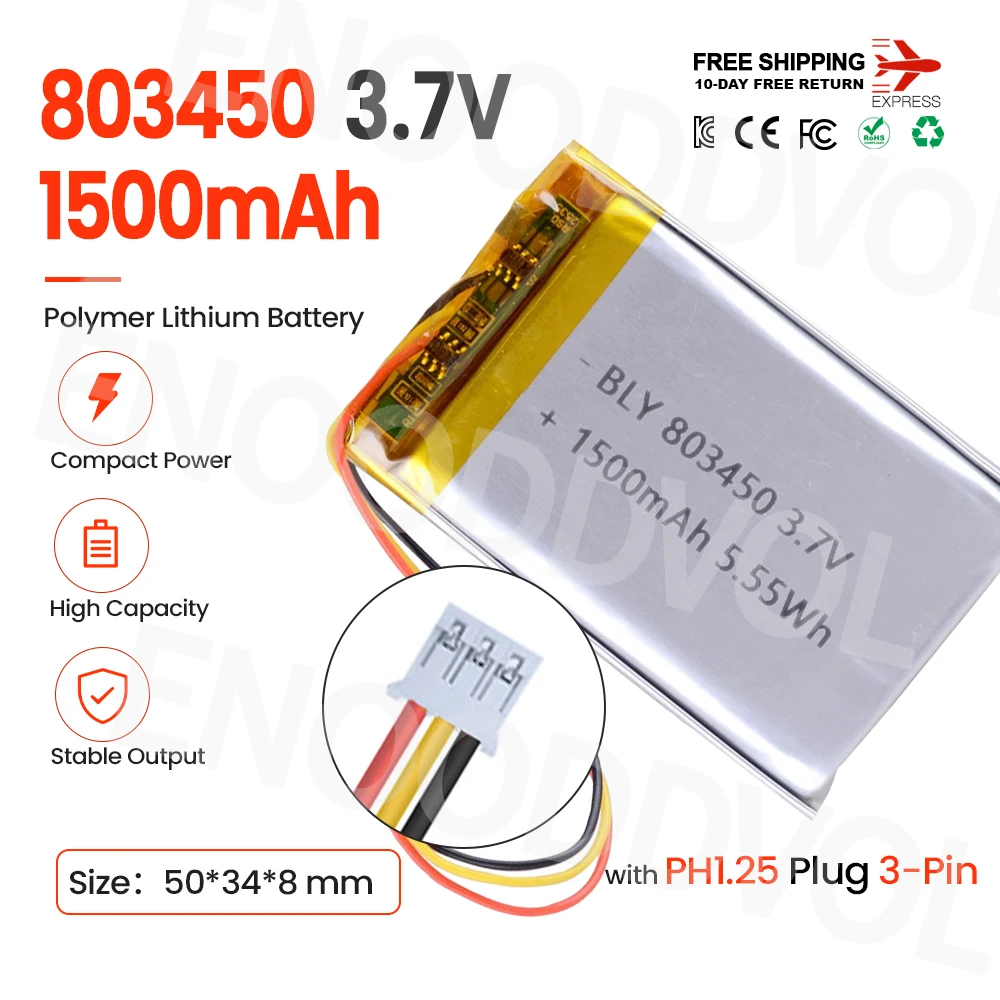2-10PCS 803450 Battery 1500mAh with PH 1.25mm 3pin Plug 3.7V Rechargeable LiPo Battery for MP3 DVD PAD Camera GPS Laptop Devices
