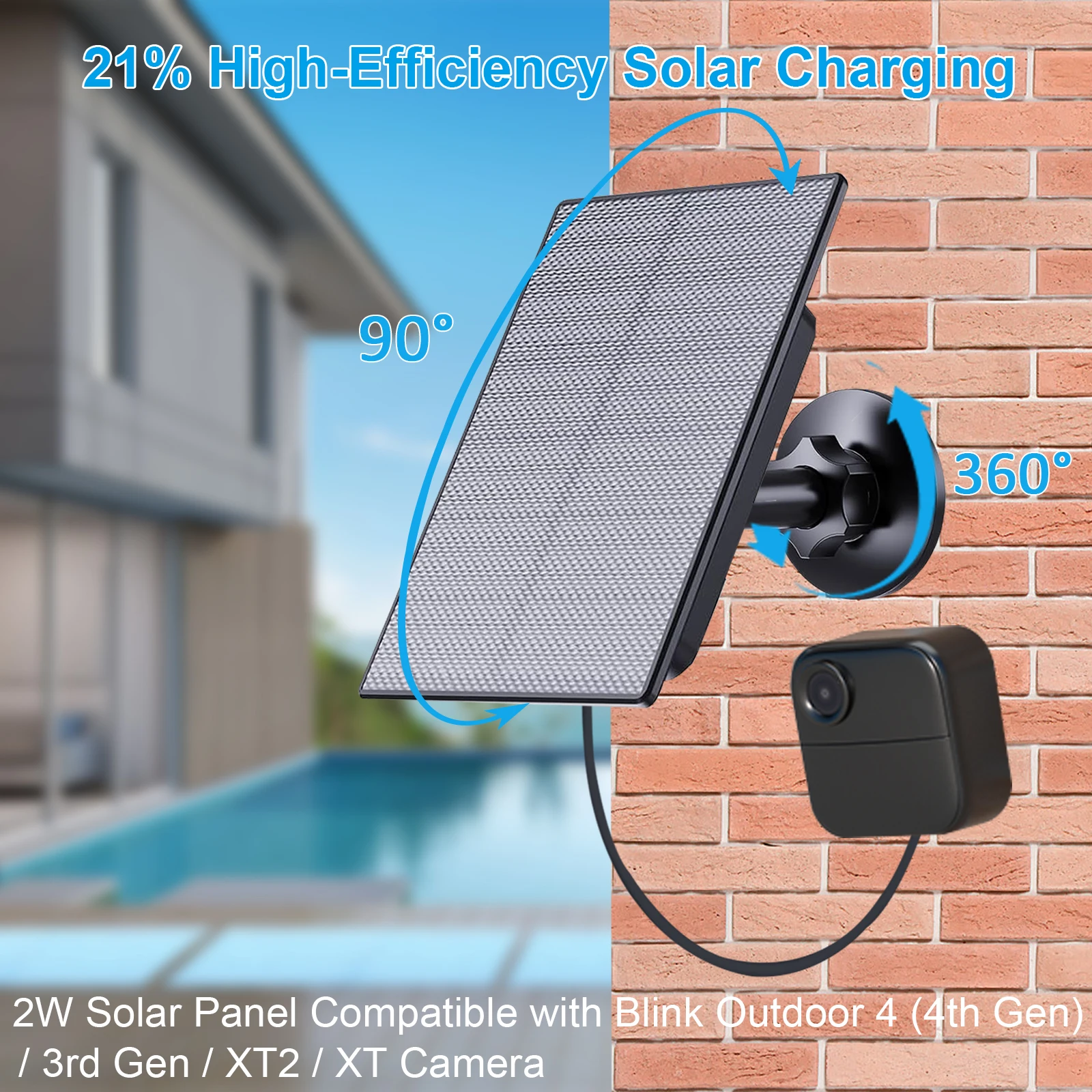 2W Solar Panel for Blink Outdoor 4 (4th Gen) 3rd Gen XT2 Cam, IP66 Waterproof Continuous Power Charger with Type-C Cable