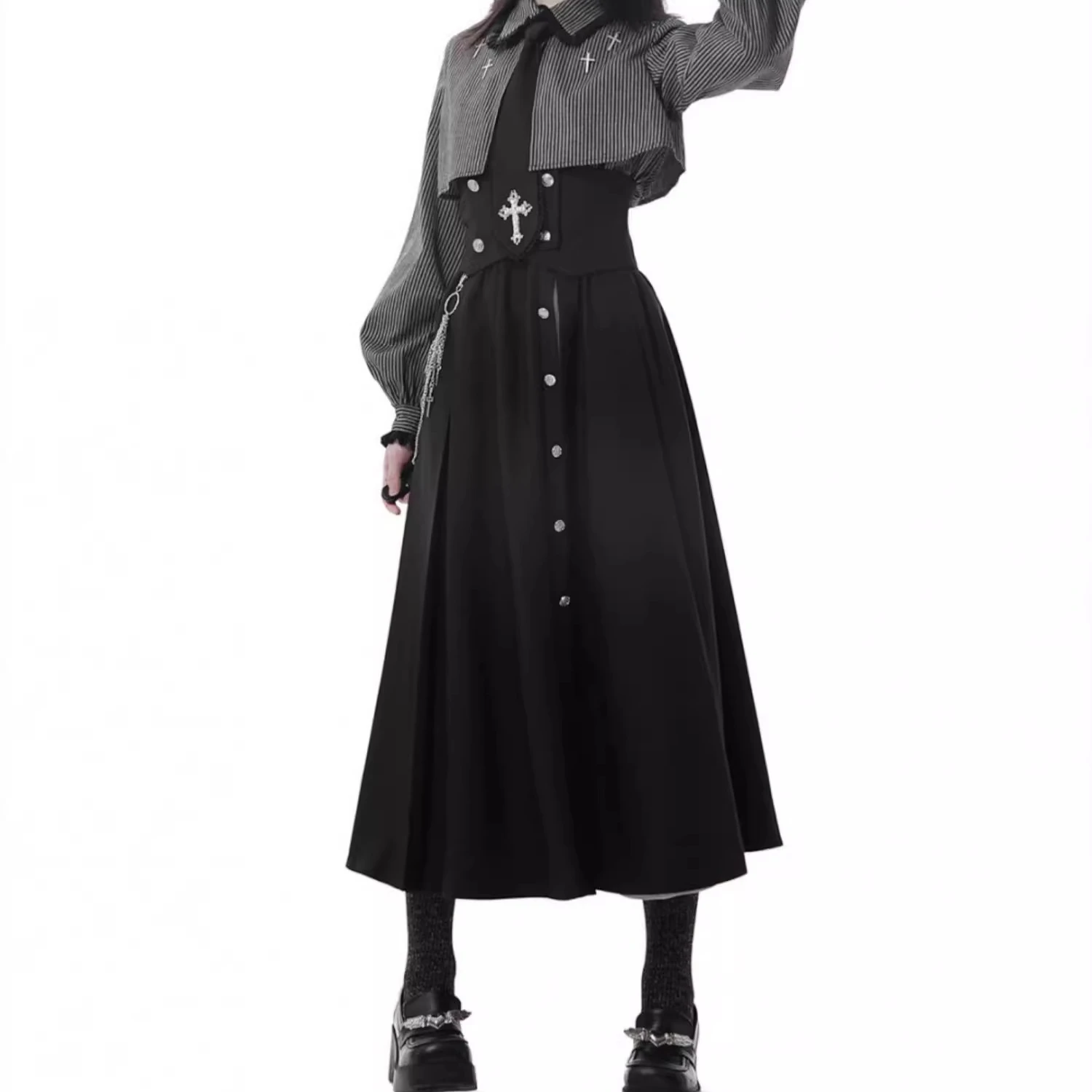 Striped Gothic Shirt and Tie Japanese Polo Collar Lantern Long Sleeve Single-Breasted Top Asymmetric Long Skirt Pants Women