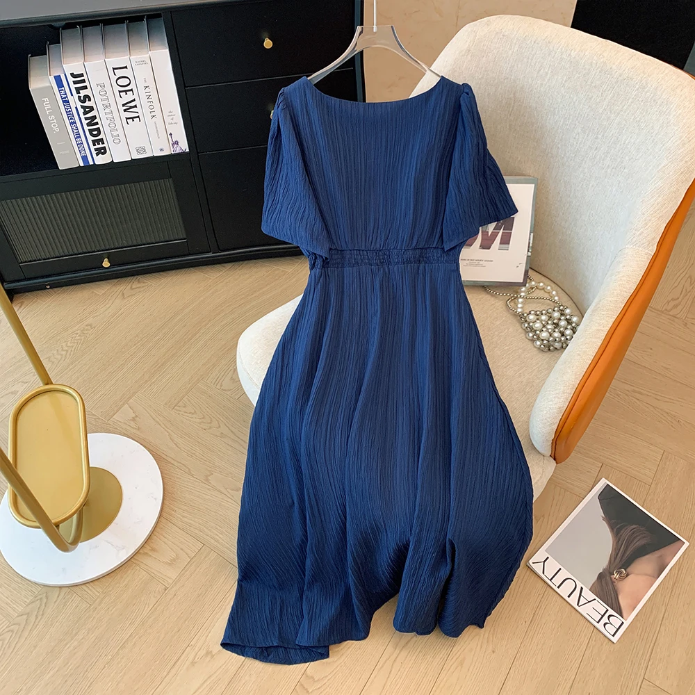 Plus Size Blue Pleated Short Sleeve Dress 2024 Summer New Simple Casual Loose Holiday Party Medium length dresses for woman