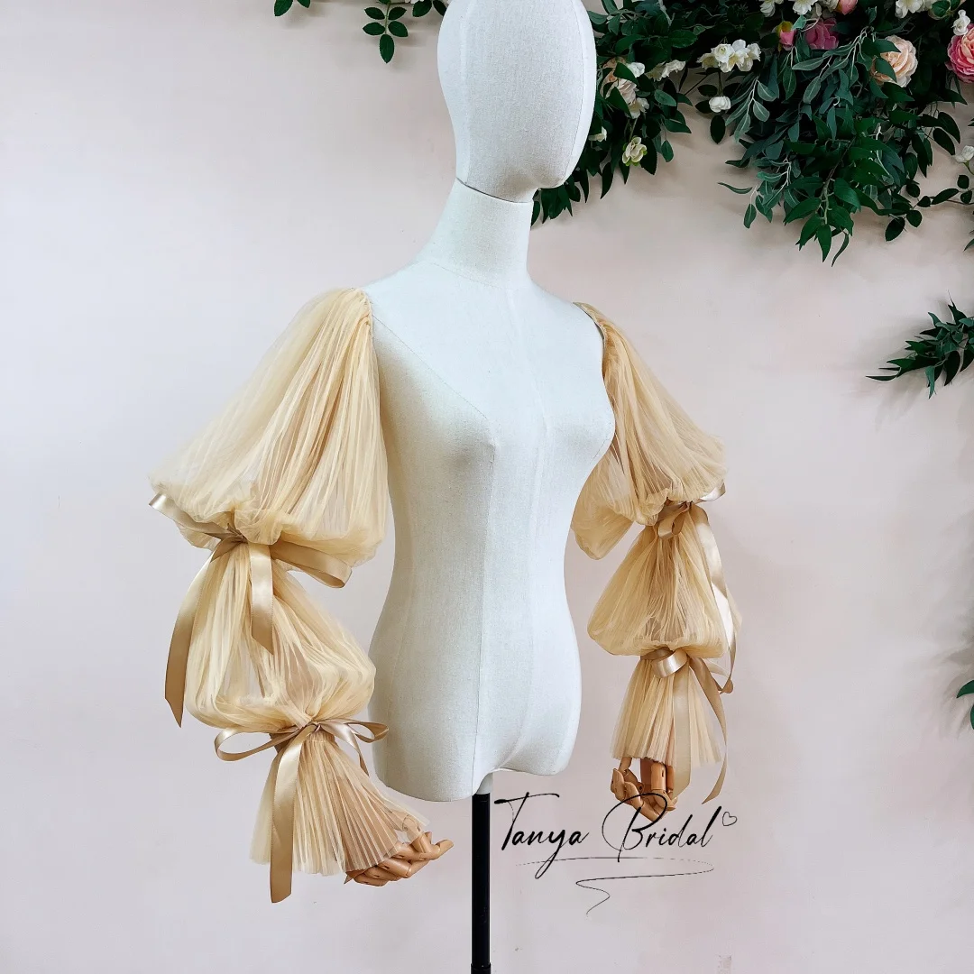 Champagne Plisse Detachable Arm Sleeves Removable Bubble Long Sleeves for Women Wedding Evening Party Fashion Accessory