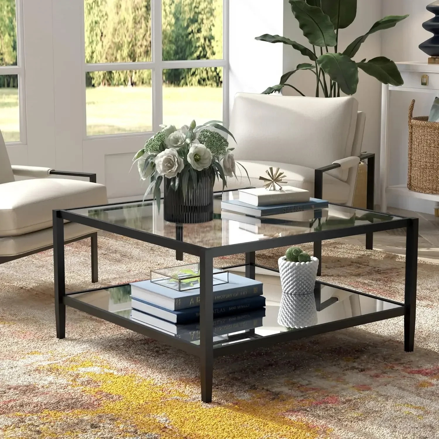 

32" Wide Square Coffee Table with Mirror Shelf in Blackened Bronze, Modern Coffee Tables for Living Room