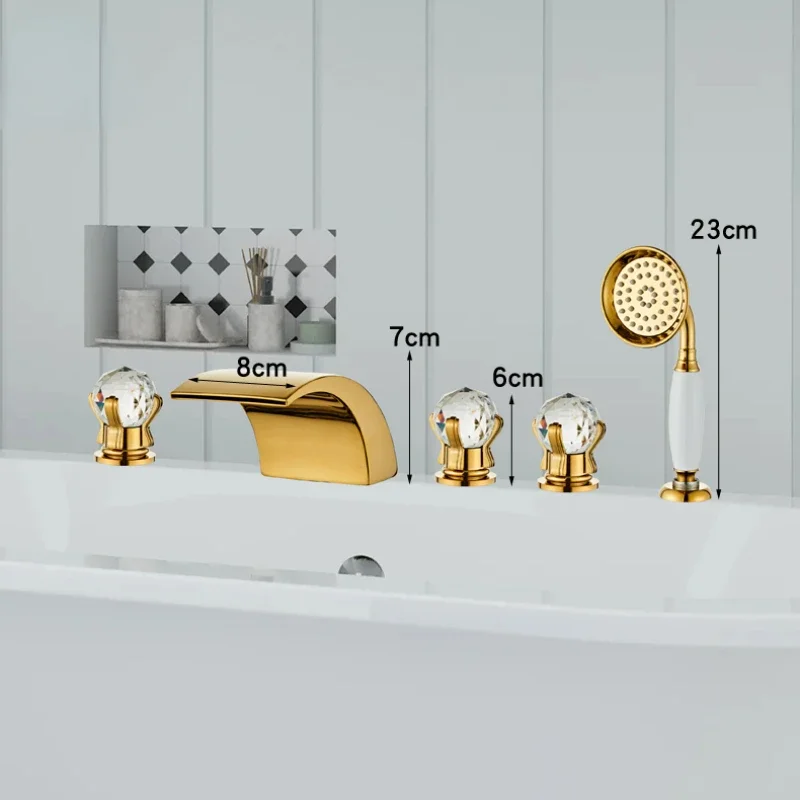 Golden Crystal Bathtub Faucet Deck Mounted 5 Hole Split 5 Pieces Faucet Set with Showerhead Hot and Cold Waterfall Mixer Tap